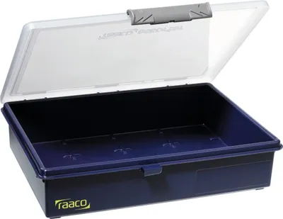 An open, empty storage box with a clear lid.
