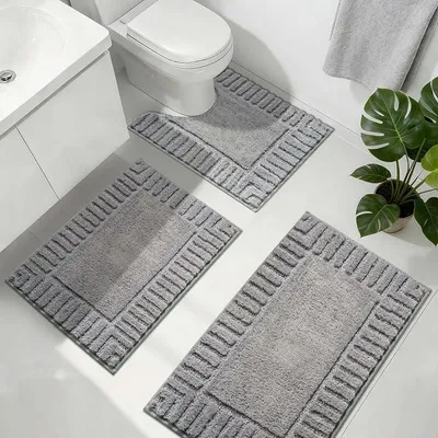 Produktbild von PolkaHome® Badmat, 3-teiliges Set, rutschfest, grau, waschbar, saugfähig, weich, Mikrofaser, WC-Vorleger