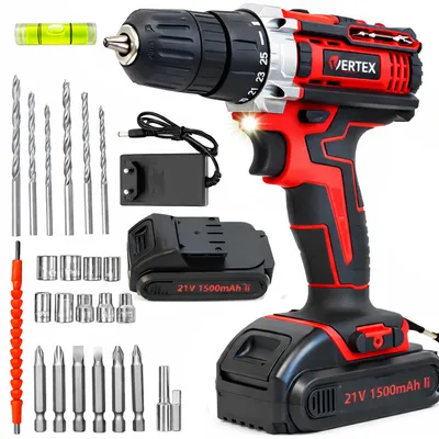 Produktbild von VERTEX Akku-Bohrschrauber, 21V, Set mit Zubehör, 2 Akkus, Ladegerät, Stecknüsse, Bits, Adapter