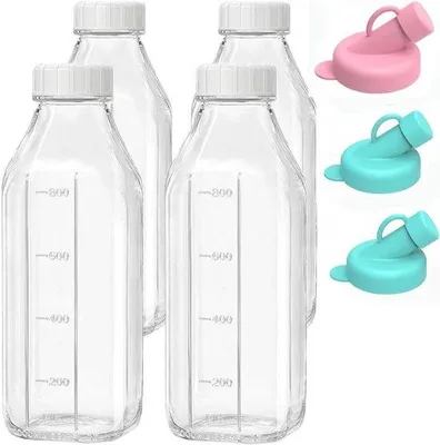 Zdjęcie produktu dla Szklana butelka do wielokrotnego użytku - przezroczysta - 1000 ml - Trwała szklana butelka z podziałką - do napojów i żywności