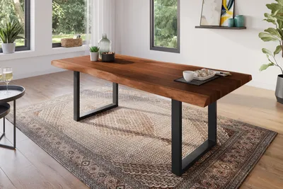 Produktbild von Refurbished Möbelretoure Esstisch 220 x 100 cm Akazie massiv nussbaum Baumkantentisch U-Gestell schwarz ATLAS