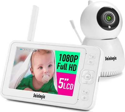 Produktbild von Sainlogic Video Babyphone mit Kamera, Babyphone für den Innenbereich, 1080P FHD 5 Zoll LCD Display, Tag und Nachtansicht, Temperatur und Alarm, Gegensprechfunktion, weiß