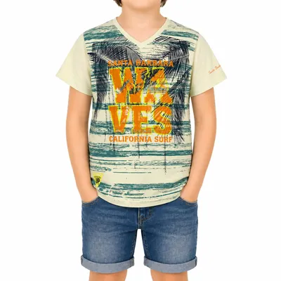 Produktbild von 30222 BONDI Jungen T-Shirt Geringelt „Vintage Troublemaker“ Gr. 110 – Beige & Blau