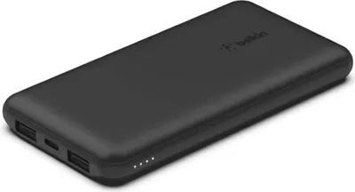 A black Belkin power bank is shown from a slightly elevated angle against a white background.