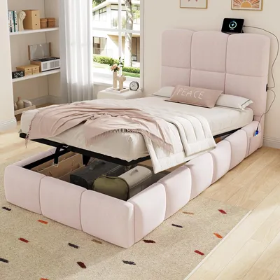 Productafbeelding van Boxspringbed 90 x 200 cm, met hydraulische opbergruimte, USB-aansluiting, Type C-aansluiting, stopcontacten, fluwele bekleding, roze