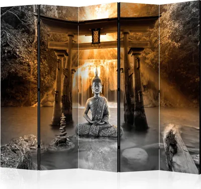 Produktbild von 5-teiliger Doppelseitiger Vlies Paravent - Buddha Smile (Orange) II 225x172 cm Orient p-A-0034-z-c