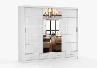 Produktbild von FRENCE Schwebetürenschrank 253 cm Weiß Matt & Hochglanz mit Spiegel, Kleiderschrank 2-türig mit Schubladen