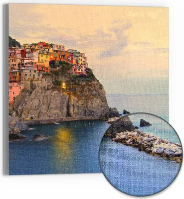 Produktbild von DEQORI Hybrid Leinwand Bild 30x30 cm 'Klippenlichterfest' Wandbild Glas flach modern