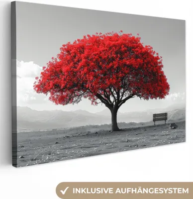 Produktbild von Leinwand Bilder 120x80 cm - Lebensbaum - Rot - Natur - Schwarz-Weiß, Bilder, Wanddeko Wohnzimmer