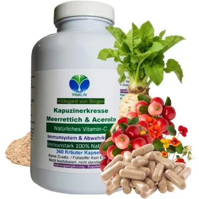 Produktbild von Kapuzinerkresse Meerrettich + Acerola Vitamin C 360 Pulver Kapseln Immunstark nach Hildegard von Bingen - Natur Pur Ohne Zusatzstoffe