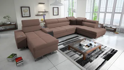 Produktbild von Polsterecke XXL Sofa Wohnzimmer Couch MOREN V Big Sofa Ecksofa Ottomane Links Eckcouch mit Schlaffunktion Braun Stoff SAWANA 25