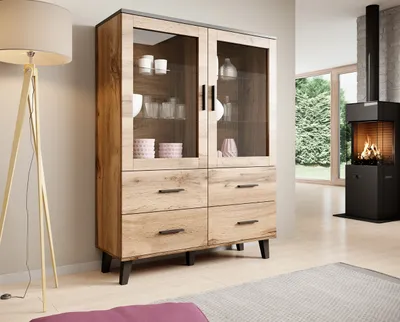 Produktbild von Vitrine Vitrinenschrank LOTTA 120 wotan eiche / schwarz Glasvitrine mit 4 Schubladen