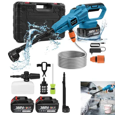 Produktbild von Tragbarer Hochdruckreiniger, 2×Lithium-Akkus, 5 m Schlauch, Schaumaufsatz, leicht, ergonomischer Griff, für Haus, Garten, Fahrzeugreinigung