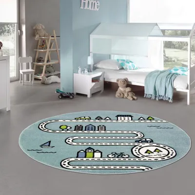 Image de Tapis de rue pour enfants Tapis éducatif garçon avec rues et maisons en turquoise Taille - 120 cm Rond
