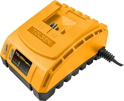 A yellow and black Tolsen battery charger is shown from a slightly elevated angle against a white background.