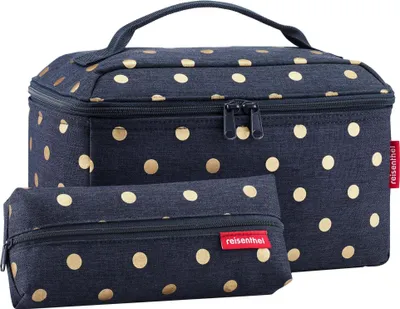 A set of two blue polka dot cosmetic bags on a white background.