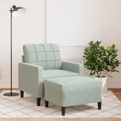 Produktbild von Sessel mit Hocker aus hellgrauem Samt, 60 cm