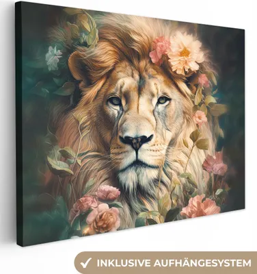 Produktbild von MuchoWow® - Leinwandbilder - Löwe - Löwenkopf - Wilde Tiere - Blumen, Wandbild, Wanddeko Bilder Wohnzimmer, 120x90cm