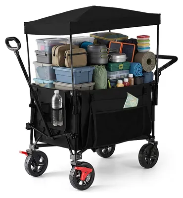 Produktbild von Relaxdays Bollerwagen, faltbar, 150 kg, Dach, Teleskop- & Schiebegriff, Gummireifen mit Bremse, Transportwagen, schwarz