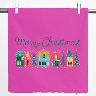 Produktbild von Huuraa Kissenbezug Merry Christmas Weihnachtsdorf 40x40cm Fuchsia Baumwolle Dekokissenbezug Geschenkidee