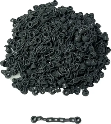 A pile of dark gray LEGO chain links with one chain link shown separately below.
