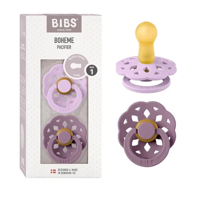 Produktbild von BIBS Boheme Schnuller 2er-Pack. BPA-frei, Kirschform Nippel. Naturkautschuk / Latex, Hergestellt in Dänemark, Größe 1 (0-6 Monate), Violet Sky / Mauve