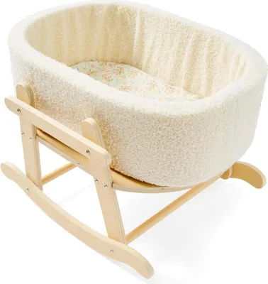 Produktbild von Puppenbett aus Holz, Puppenbett-Spielzeug fš¹r Katzen und Hunde, Frottee-Wiege aus Holz fš¹r Puppen bis 16 Zoll, Puppenzubeh?r mit Matratze und Wiege
