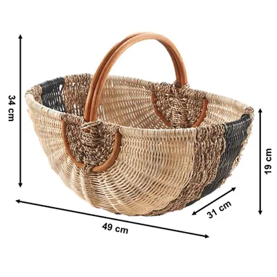 Produktbild von Kobolo Henkelkorb Rattankorb beige mit olivfarbenem Seegras - Bügelkorb Einkaufskorb geflochten Holzkorb Einkaufskörbe Körbe Taschen Korb zum Tragen