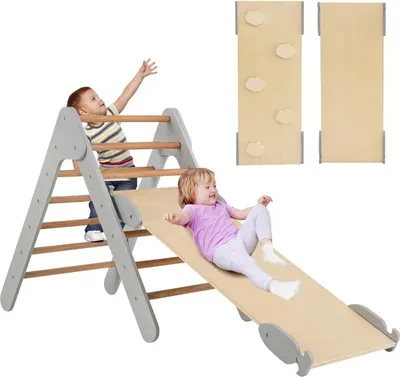 Immagine prodotto di Triangolo da arrampicata con scivolo - Struttura da arrampicata per interni - A partire da 1 anno - In legno - Scaletta, telaio triangolare - Grigio