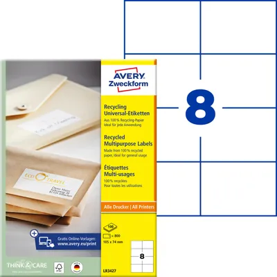 Produktbild von Avery Zweckform LR3427, Recycling Universal-Etiketten, A4, 105 x 74 mm, 800 Etiketten / 100 Bögen, naturweiß