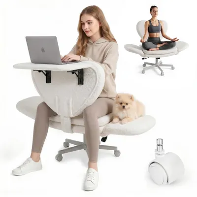 Produktbild von Bürostuhl Gamingstuhl mit Teddybezug, drehbar, mit klappbarer Tischplatte und Rollen, für Arbeitszimmer, Weiß