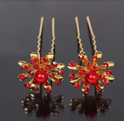 Produktbild von 2 Haarnadeln Perlen Strass Blume Modell 1 rot gold