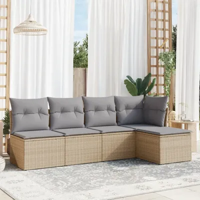 Produktbild von Design 5-tlg. Garten-Sofagarnitur mit Kissen Beige Poly Rattan, Gartenmöbel-Sets 2024 Neu
