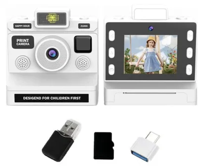 Imagen del producto de Cámara instantánea para niños ZELURXX con impresión a color, doble cámara, video 1080P, zoom de 8x, pantalla de 2,8 pulgadas, 64GB, color blanco