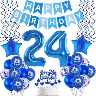 24. Geburtstag Ballon-Set blau mit Nummer 24 und Girlande