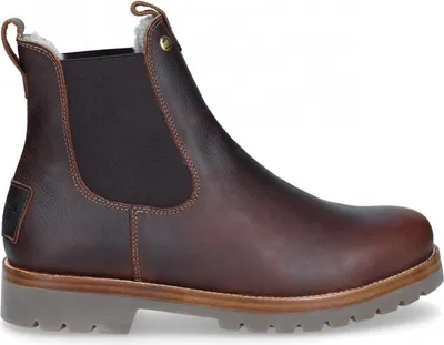 A single brown leather Chelsea boot with a grey sole is shown against a white background.