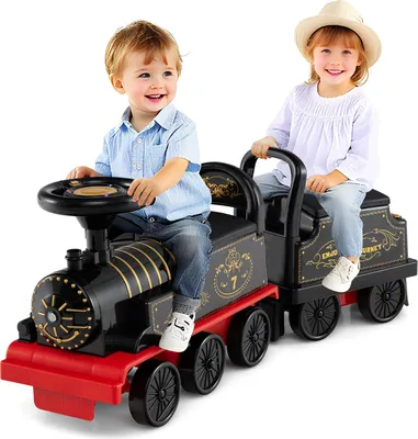 Immagine prodotto di COSTWAY Trenino elettrico per bambini, auto elettrica 6V con vagone, poggiapiedi, vano portaoggetti sotto il sedile, musica, storie e versi degli animali, per bambini dai 18 mesi in su