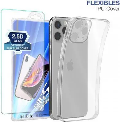 Produktbild von Slim Cover für Apple iPhone 11 Pro Max mit 9H Displayglas Displayschutz Hülle Transparent Flexibel Elastisch Backcover Schutzhülle Handyhülle