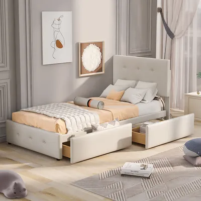Produktbild von CDGlobal Polsterbett Einzelbett Holzbett mit höhenverstellbarem Kopfteil, Lattenrost und zwei Schubladen, Samt 90x200cm Jugendbett Kinderbett Beige