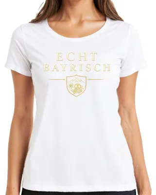Imagen del producto de Escudo bávaro auténtico, montañas, pretzel, lúpulo, Baviera, pantalones de cuero, vestido tradicional, camiseta para mujer, blanca, talla S