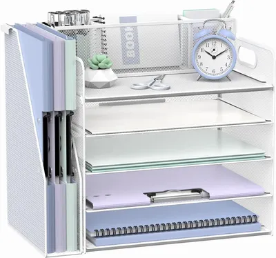 Obrázek produktu pro Organizér do kanceláře s 5 přihrádkami - Organizér do kanceláře, úložný box na dokumenty - Držák na pera do kanceláře - Černý organizér do kanceláře - Nastavitelný a multifunkční - Úsporný design - Organizér na papíry