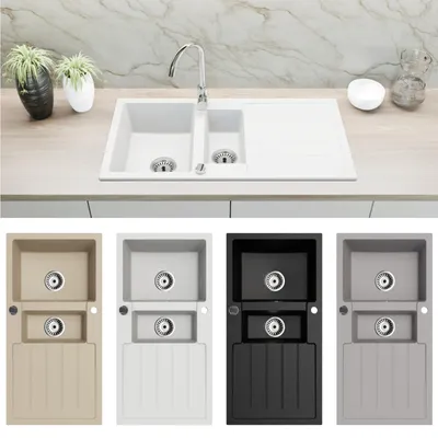 Produktbild von Granitspüle Spülbecken Küchenspüle Einbauspüle 100x50 cm 2 Becken mit Abtropffläche inklusive Zubehör-Set Weiß
