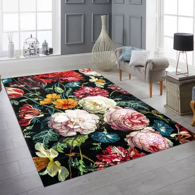 Obrázok produktu pre Koberec kvety obývacia izba koberec kytice kvetov v čiernej krémovej červenej veľkosti - 140 x 200 cm