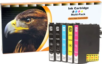 A box of ink cartridges with an image of an eagle on the front, and the cartridges themselves are displayed in front of the box.