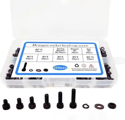 Immagine prodotto di Kit di montaggio - Viti nere da 300 pezzi - Set di viti cilindriche, dadi piatti e rondelle, viti esagonali interne M3