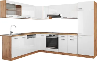 Produktbild von Vicco Eckküche R-Line, 227 x 287 cm ohne Arbeitsplatte, Weiß Hochglanz/Goldkraft Eiche