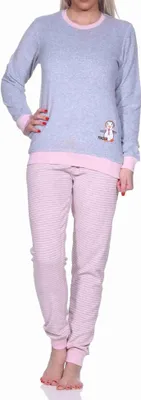 Produktbild von Damen Frottee Pyjama langarm mit Bündchen und niedlicher Pinguin Stickerei - 291 13 779 ; Ringel klein grau , 36