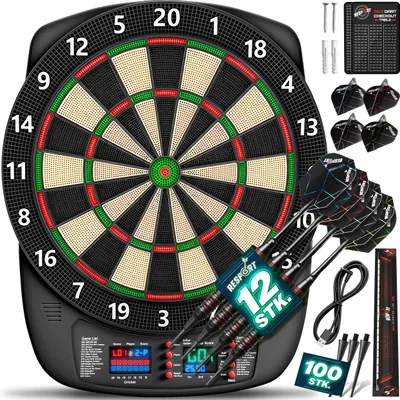 Produktbild von RE:SPORT® Dartscheibe Elektronisch Profi Set mit 12 Pfeilen + 24 Pro Flights + 100 Pfeilspitzen & Zubehör | E Dartautomat für 1–8 Spieler mit 427 Varianten | Elektrisches Dartboard mit LED Anzeige