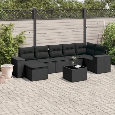 Produktbild von Design 8-tlg. Garten-Sofagarnitur mit Kissen Schwarz Poly Rattan, Gartenmöbel-Sets 2024 Neu