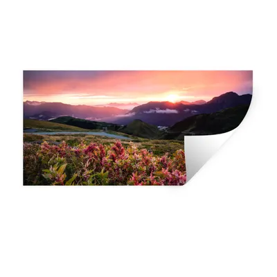 Produktbild von MuchoWow® Wandtattoo Wandsticker Wandaufkleber Blumen - Berge - Landschaft - Nacht - Himmel - Rosa 160x80 cm Selbstklebend und Repositionierbar - Sticker - Dekorfolie